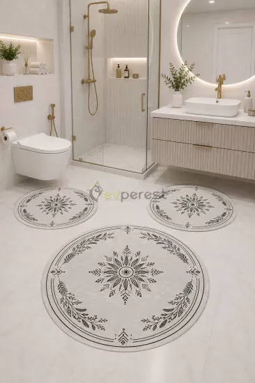 Siyah Bohem Mandala Desenli 3’lü Yuvarlak Banyo Paspası Seti