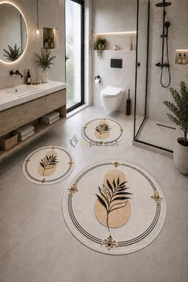 Siyah Gold Yaprak Desenli 3’lü Yuvarlak Banyo Paspası Seti