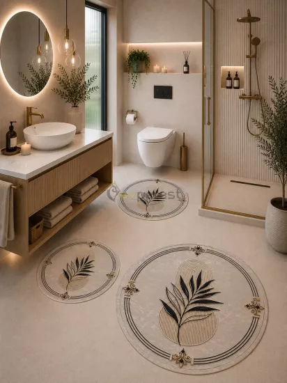 Siyah Gold Yaprak Desenli 3’lü Yuvarlak Banyo Paspası Seti