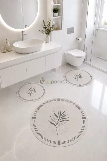Gri Minimal Yaprak Desenli 3’lü Yuvarlak Banyo Paspası Seti