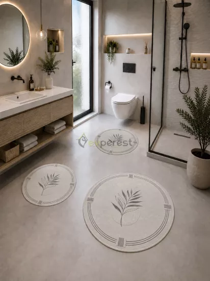 Gri Minimal Yaprak Desenli 3’lü Yuvarlak Banyo Paspası Seti