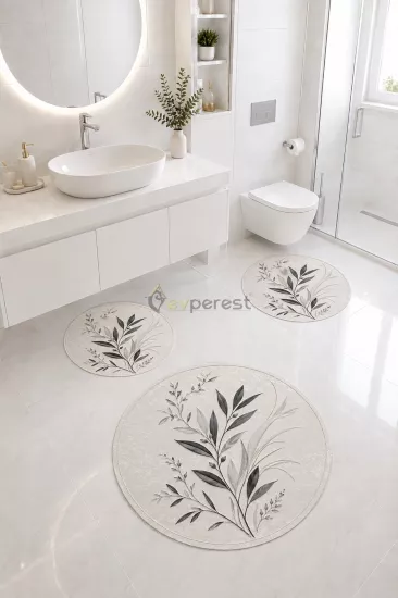 Gri Botanik Yaprak Desenli 3’lü Yuvarlak Banyo Paspası Seti