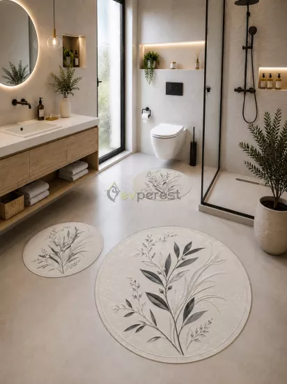 Gri Botanik Yaprak Desenli 3’lü Yuvarlak Banyo Paspası Seti