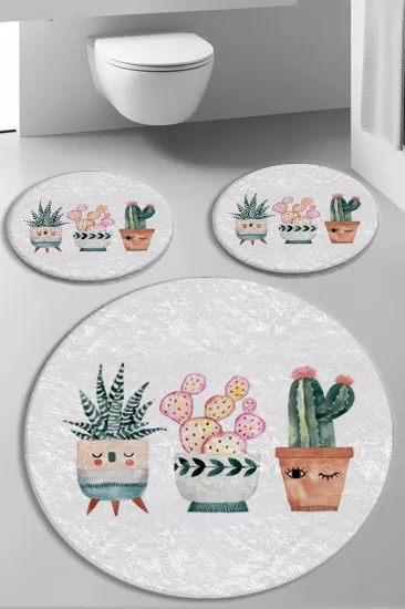 Evperest Saksıda Kaktüsler Dot Taban Üçlü Paspas Seti