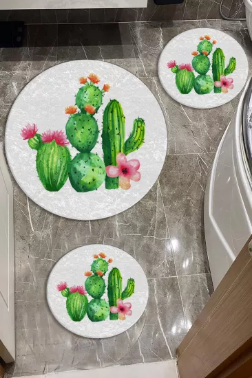 Evperest Kaktüsler Dot Taban Banyo Paspas Seti