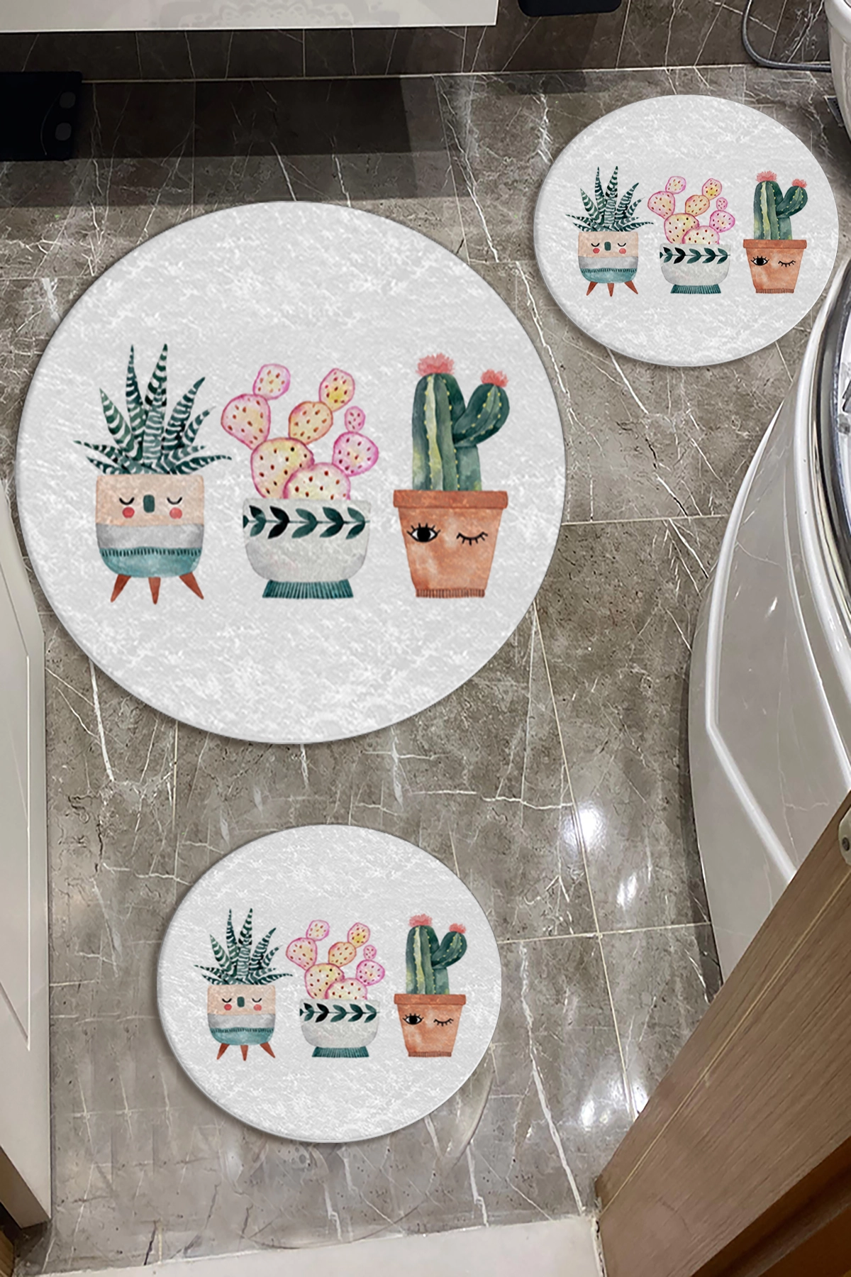 Saksıda Kaktüsler Dot Taban Üçlü Paspas Seti