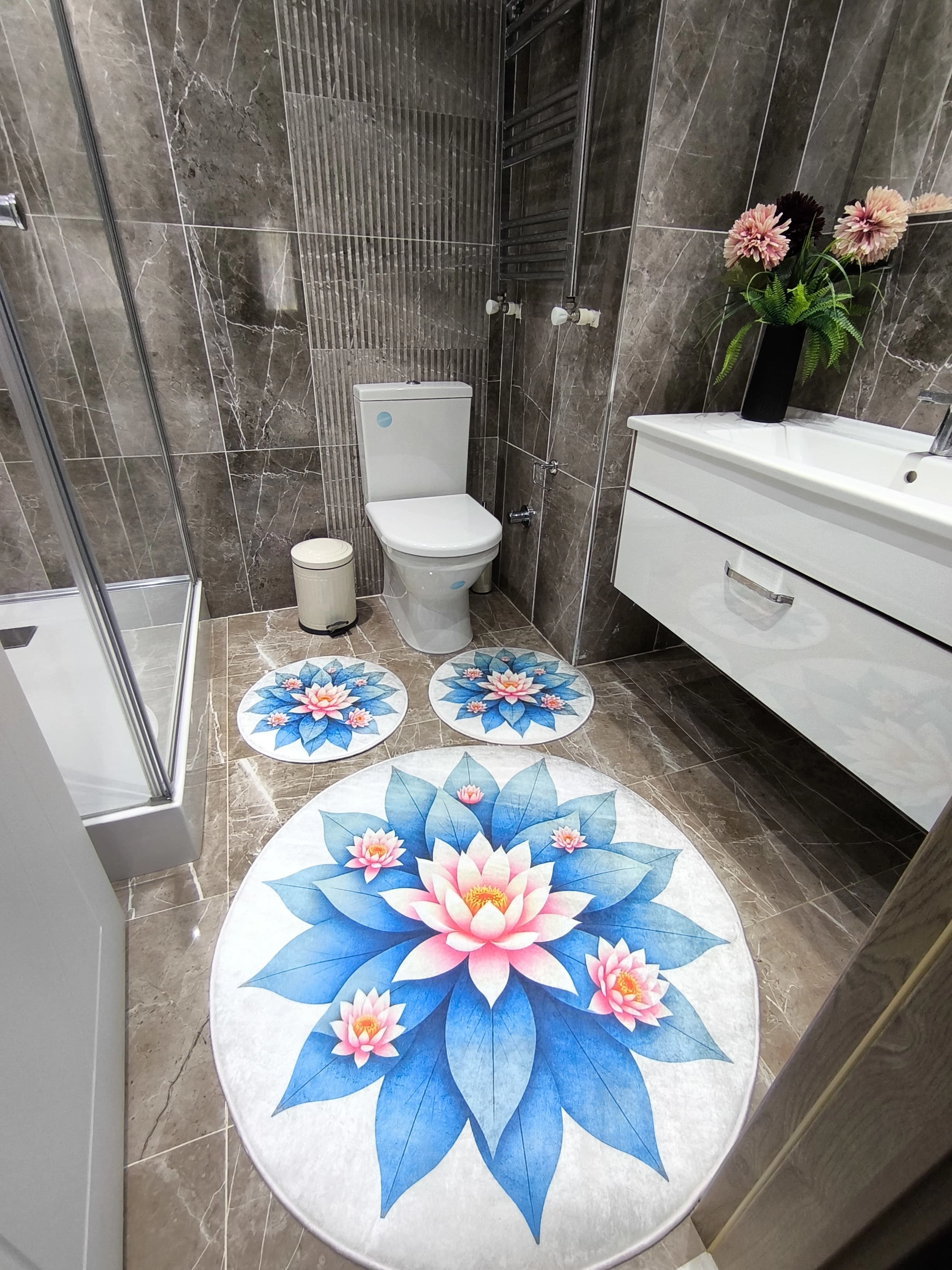 Lotus Çiçekli Banyo Paspas Seti Dot Taban-Premium Serisi